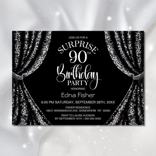 Black White Sequin Curtain Surprise 90th Birthday Invitation