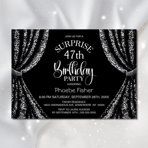 Black White Sequin Curtain Surprise Birthday Party Invitation