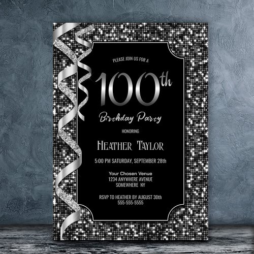 Black White Sequins 100th Birthday Party Invitation