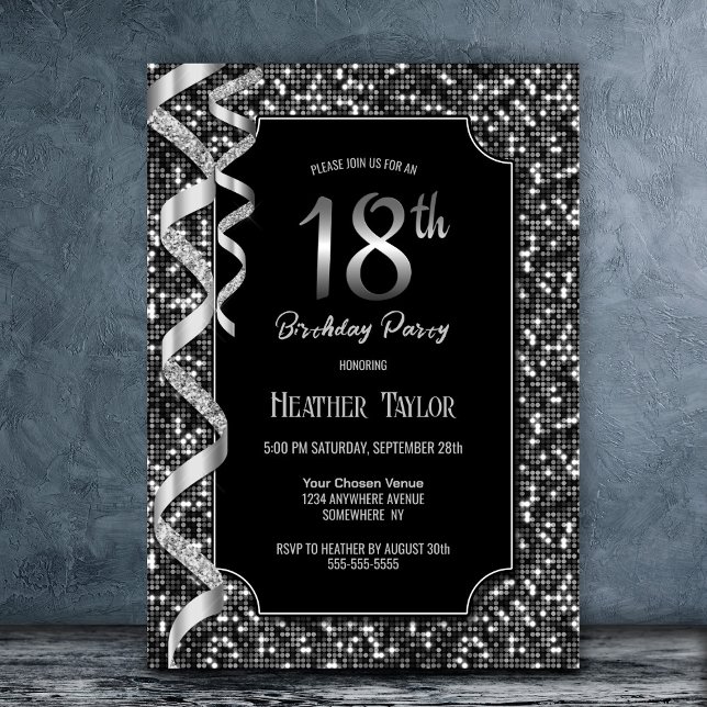 Black White Sequins 18th Birthday Party Invitation (Creator Uploaded)