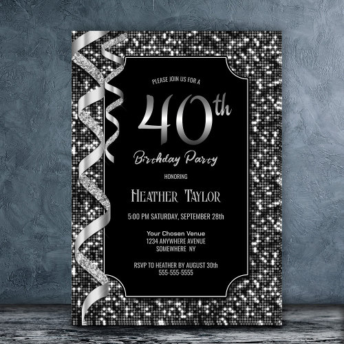 Black White Sequins 40th Birthday Party Invitation