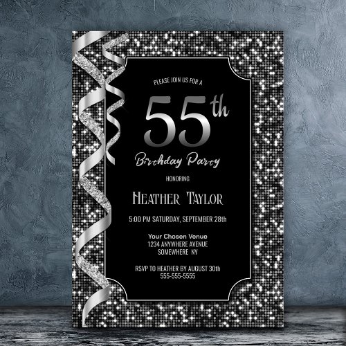 Black White Sequins 55th Birthday Party Invitation