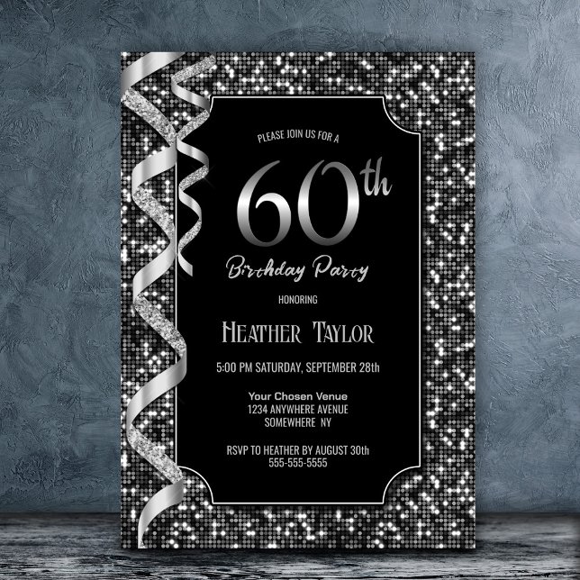 Black White Sequins 60th Birthday Party Invitation (Creator Uploaded)