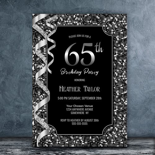Black White Sequins 65th Birthday Party Invitation