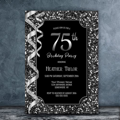 Black White Sequins 75th Birthday Party Invitation