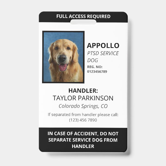 Black  White Service Dog Photo ID Badge (Front)