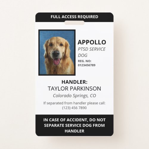 Black  White Service Dog Photo ID Badge