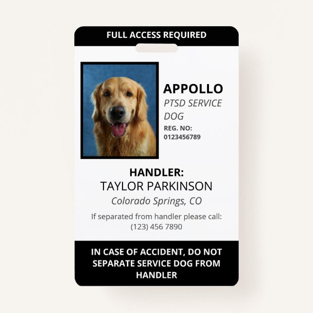 Black  White Service Dog Photo ID Badge (Front)