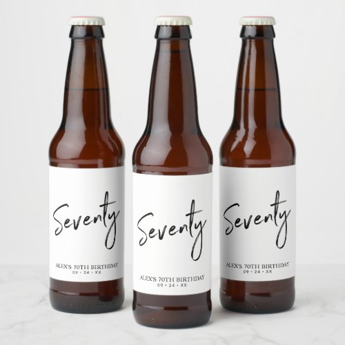 Black  White Seventy Script 70th Birthday Party Beer Bottle Label
