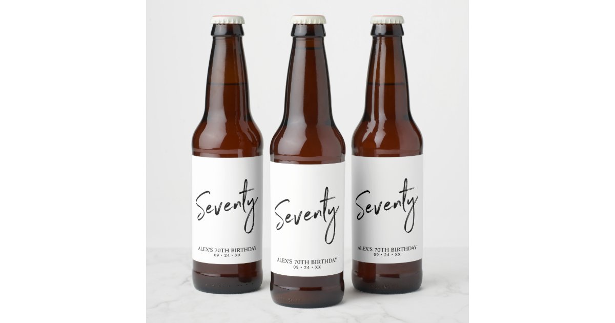 Black & White Seventy Script 70th Birthday Party Beer Bottle Label | Zazzle