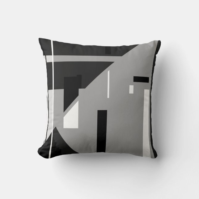Black White Shapes on Gray Diagonal Pattern Throw Pillow (Front)