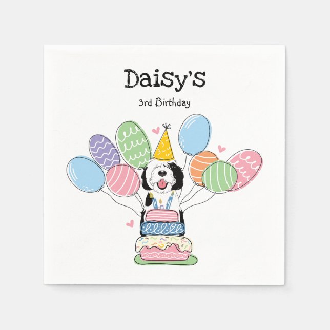 Black & White Sheepadoodle Birthday Party Paper Napkins (Front)