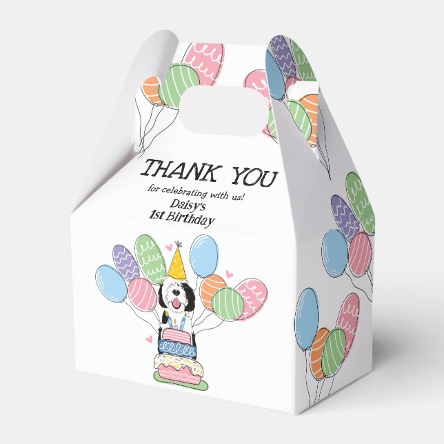 Black & White Sheepadoodle Birthday Thank You Favor Boxes (Front Side)