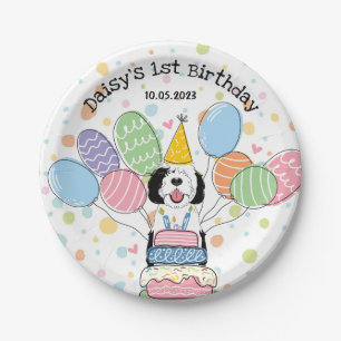 Black & White Sheepadoodle Dog Birthday  Paper Plates