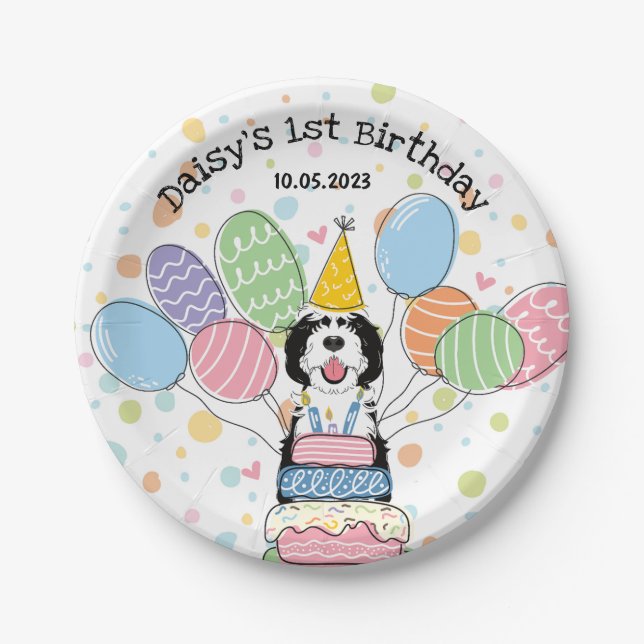 Black & White Sheepadoodle Dog Birthday  Paper Plates (Front)