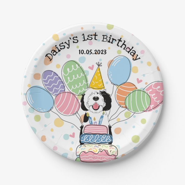 Black & White Sheepadoodle Dog Birthday  Paper Plates (Front)