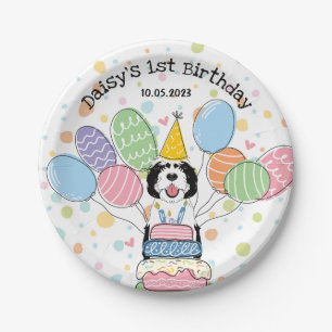 Black & White Sheepadoodle Dog Birthday Paper Plates