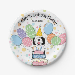 Black & White Sheepadoodle Dog Birthday  Paper Plates