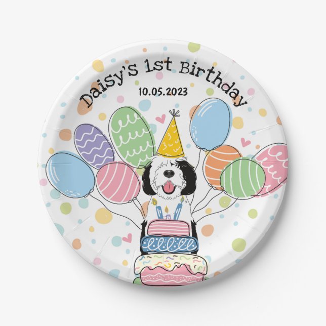 Black & White Sheepadoodle Dog Birthday  Paper Plates (Front)