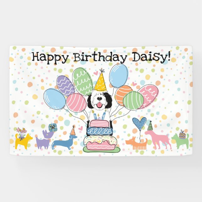 Black & White Sheepadoodle Dog  Birthday Party Banner (Horizontal)