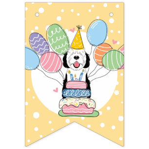 Black & White Sheepadoodle Dog Birthday Party Bunting Flags