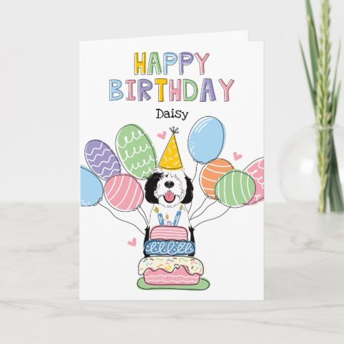 Black  White Sheepadoodle Dog Happy Birthday Card