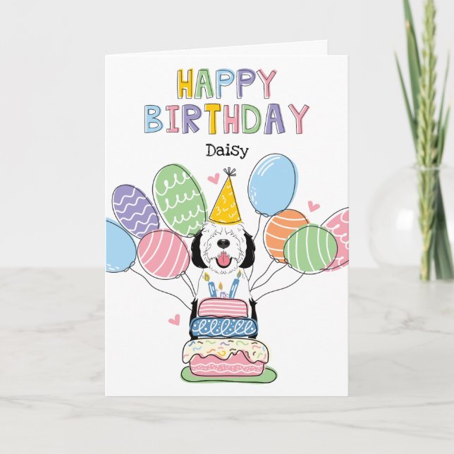 Black & White Sheepadoodle Dog Happy Birthday Card (Front)