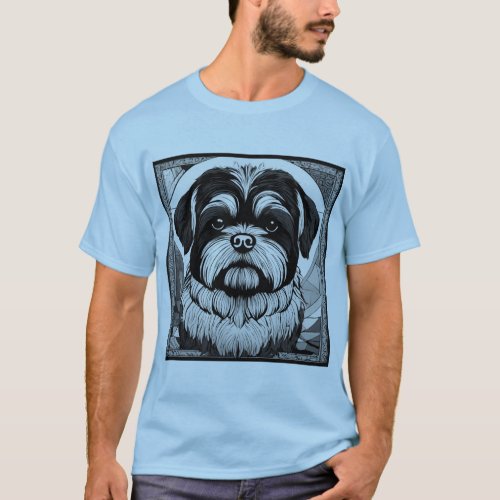 Black  White Shih Tzu Dog Printed Basic  T_Shirt