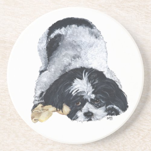 Black  White Shih Tzu on Sandstone Coaster