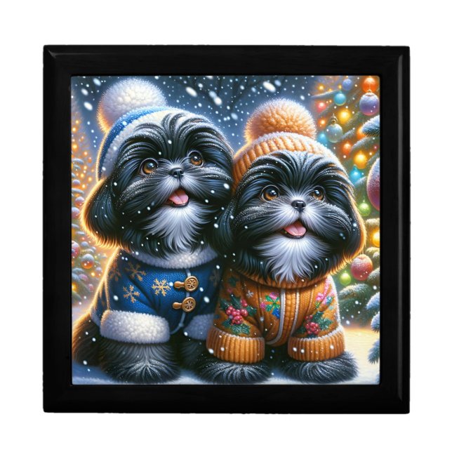  "Black & White Shih Tzu Puppies’ First Snowfall" Gift Box (Front)
