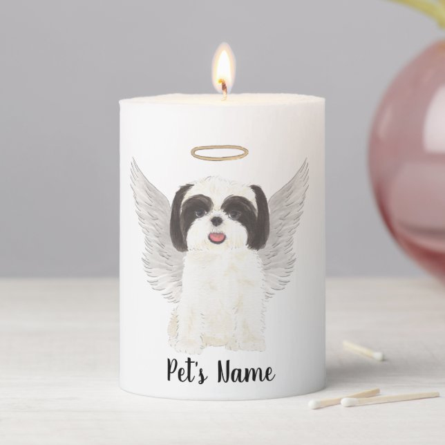 Black & White Shih Tzu Sympathy Memorial Pillar Candle (In Situ)