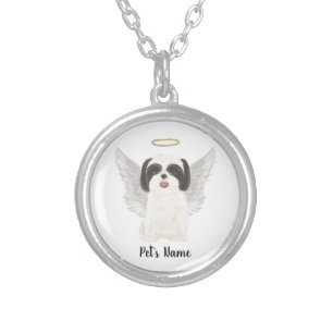 Black & White Shih Tzu Sympathy Memorial Silver Plated Necklace