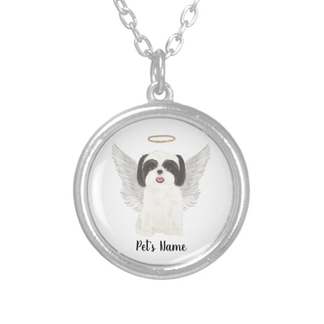 Black & White Shih Tzu Sympathy Memorial Silver Plated Necklace (Front)