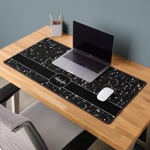 Black white shiny glitter sparkles Monogram Desk Mat
