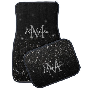 Black white shiny glitter sparkles ombre Monogram Car Floor Mat