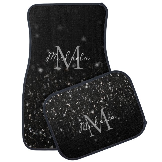 Black white shiny glitter sparkles ombre Monogram Car Floor Mat (Set)
