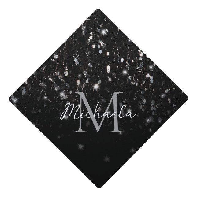 Black white shiny glitter sparkles ombre Monogram Graduation Cap Topper (Front)