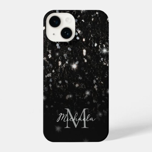 Black white shiny glitter sparkles ombre Monogram iPhone 14 Case