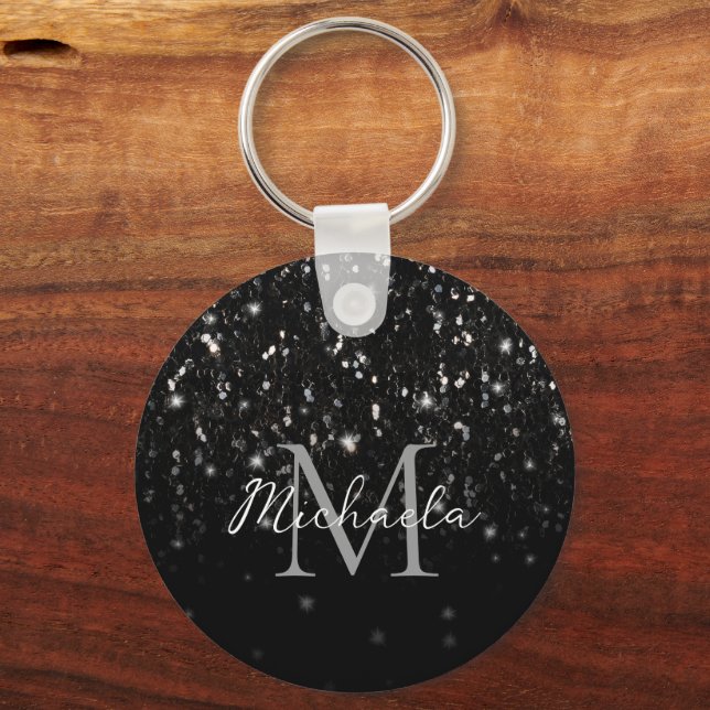 Black white shiny glitter sparkles ombre Monogram Keychain (Front)