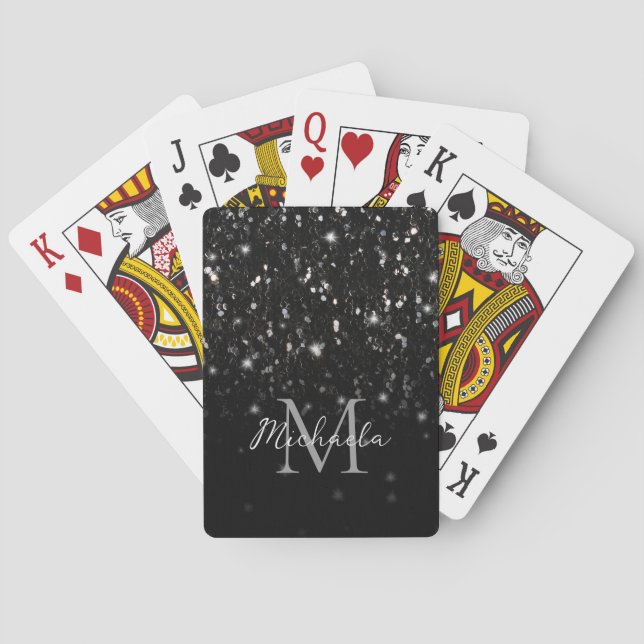 Black white shiny glitter sparkles ombre Monogram Poker Cards (Back)