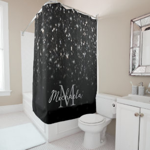 Black white shiny glitter sparkles ombre Monogram Shower Curtain