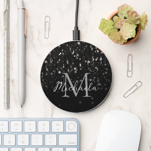 Black white shiny glitter sparkles ombre Monogram Wireless Charger (Desk)