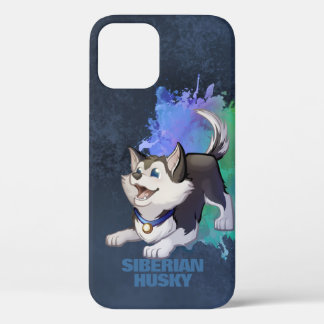 Black & White Siberian Husky Cartoon Puppy Dog iPhone 12 Case