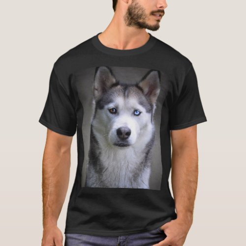 Black white Siberian Husky dog face T_Shirt