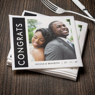Black & White Side Stripe Photo Congrats Wedding Napkins