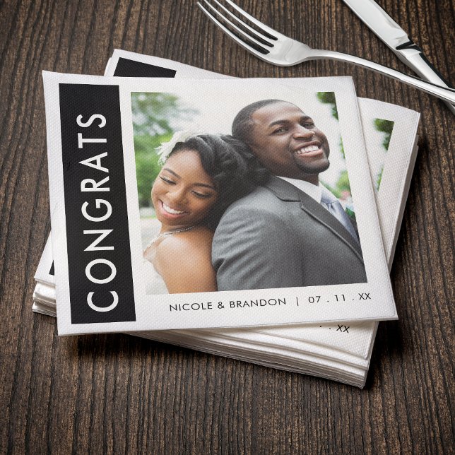 Black & White Side Stripe Photo Congrats Wedding Napkins (Black & White Side Stripe Photo Congrats Wedding Napkins
)