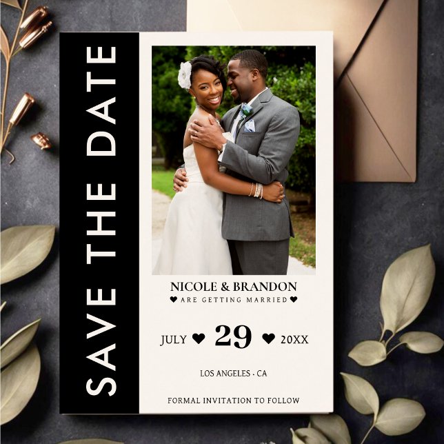 Black & White Side Stripe Wedding Save The Date (Black & White Side Stripe Photo Wedding Announcement)