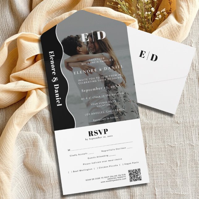 Black & White Side Wave QR code RSVP Photo Wedding All In One Invitation (Creator Uploaded)