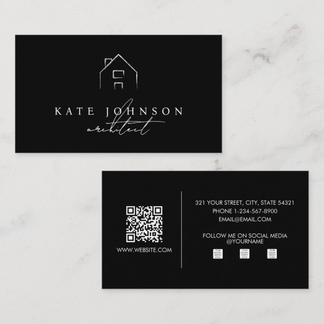 Black White Signature Script QR Code Social Media Business Card (Front/Back)
