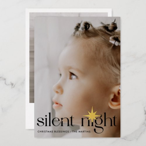 Black White Silent Night Christmas Star Photo Foil Holiday Card
